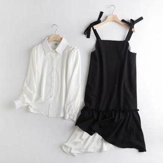 Set: Plain Shirt + Two-tone Panel Midi A-line Overall Dress