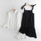 Set: Plain Shirt + Two-tone Panel Midi A-line Overall Dress
