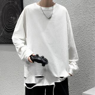 Long Sleeve Plain Distressed T-shirt