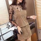 Set: Star Mesh Long-sleeve Top + Corduroy Camisole Top + Mini Skirt