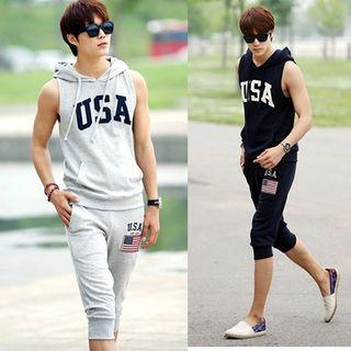 Set: Lettering Hooded Sleeveless Pullover + Sweatpants