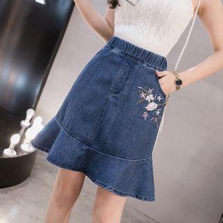 Flower Embroidered Ruffle-hem Denim Mini A-line Skirt