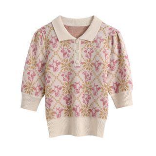 Elbow-sleeve Polo-neck Floral Print Knit Top