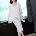 Set: 3/4-sleeve Striped Top + Striped Wide Leg Pants