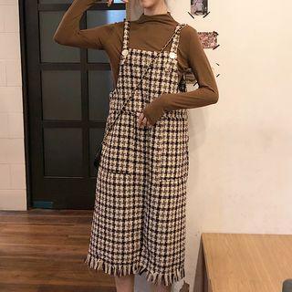 Set: Long-sleeve Mock-neck T-shirt + Tweed Midi Jumper Dress