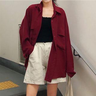 Plain Shirt Jacket Red - One Size