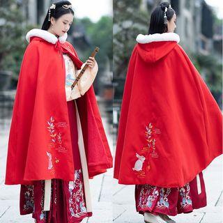 Rabbit Embroidered Furry Trim Hooded Cape