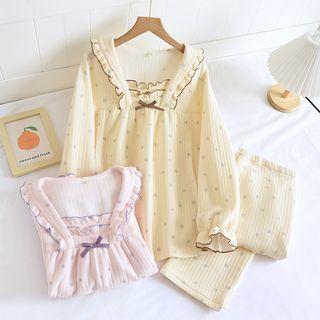Loungewear Set : Long-sleeve Wood Ear Trim Polka Dot Top + Pants