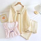 Loungewear Set : Long-sleeve Wood Ear Trim Polka Dot Top + Pants
