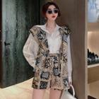 Loose-fit Plain Shirt With Silk Scarf / High-waist Printed Wide Shorts