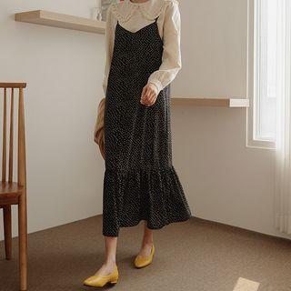 Frill-hem Dotted Maxi Overall Dress