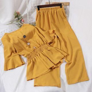 Set: V-neck Plain Blouse + Wide-leg Pants