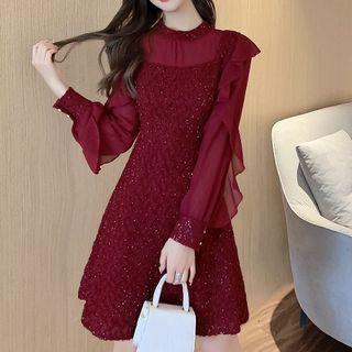 Long-sleeve Ruffled Glittered A-line Dress