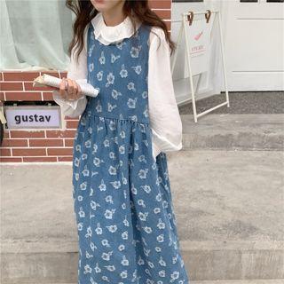 Sleeveless Floral Print Denim Midi Dress / Blouse