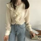 Ruffled Long-sleeved Blouse Almond - One Size