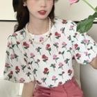 Puff-sleeve Floral Blouse / Plain Midi A-line Skirt / Necklace / Set