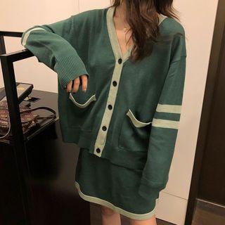Set: V-neck Cardigan + Mini Knit Skirt