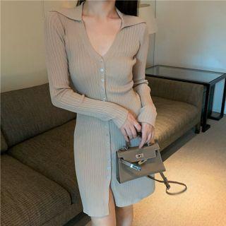 V-neck Slit Bodycon Dress Khaki - One Size