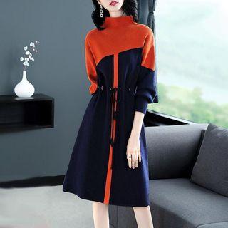 3/4-sleeve Mock-neck Midi A-line Knit Dress