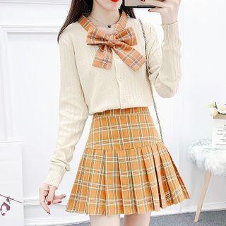 Set: Bow-accent Long-sleeve Knit Top + High-waist Plaid Pleated Skirt