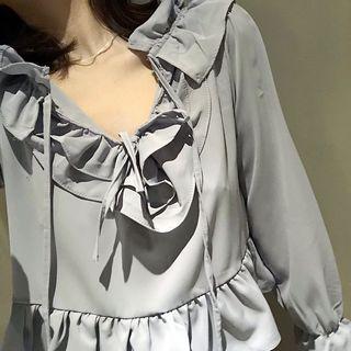 Bell-sleeve Ruffle Trim Drawstring Blouse