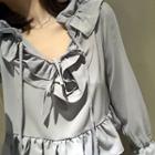 Bell-sleeve Ruffle Trim Drawstring Blouse
