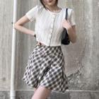 Short-sleeve Button-up Cropped Knit Top / Plaid Pleated Mini A-line Skirt