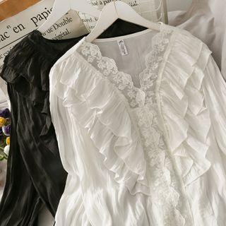 Lace-panel Ruffled V-neck Top