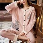 Loungewear Set : Contrast Trim Long-sleeve Bear Print Shirt + Pants