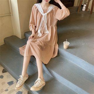 Set: Plaid 3/4-sleeve A-line Dress + Scarf