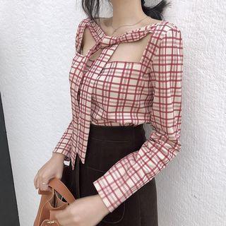 Check Cutout Long-sleeve Slim-fit Top