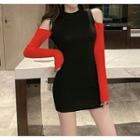 Long-sleeve Cold Shoulder Mini Knit Dress Red - One Size