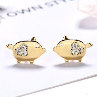 925 Sterling Silver Pig Rhinestone Heart Earring As Shown In Figure - One Size