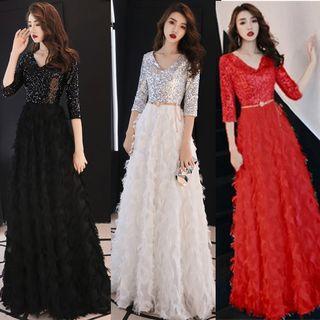 3/4-sleeve Sequined Panel A-line Evening Gown