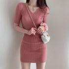 Plain V-neck Ribbed Slim-fit Knit Mini Dress