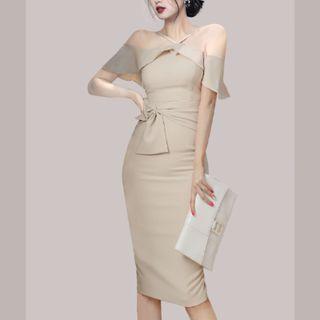 Cold-shoulder Tie-waist Midi Bodycon Dress