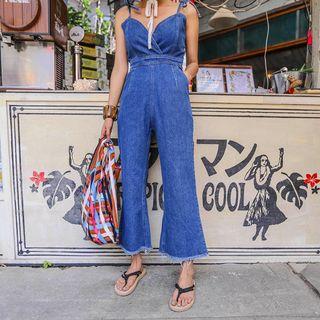 Spaghetti-strap Fray-hem Denim Jumpsuit