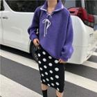 Lace-up Fleece Pullover / Dotted Straight-fit Knit Skirt