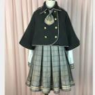 Double-breasted Cape / Plaid Long-sleeve Dress / Hat