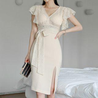 Set: Flutter-sleeve Lace Crop Top + Pencil Skirt