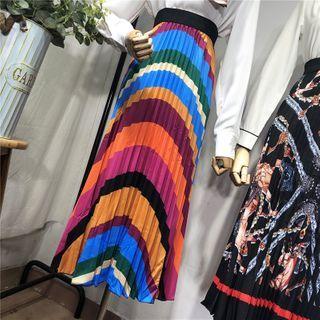 Rainbow Striped Pleated Midi Skirt