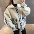 Faux Shearling Leopard Print Panel Buttoned Jacket