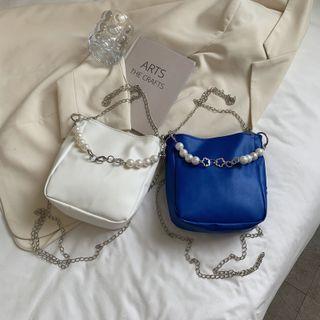 Faux-leather Beaded Chain-strap Cross Bag