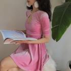 Cut Out Elbow-sleeve A-line Dress Pink - S
