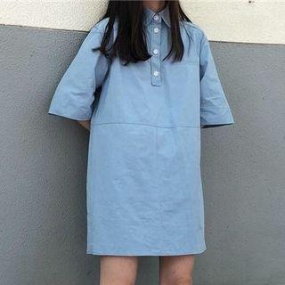 Plain Elbow-sleeve Polo Dress Blue - One Size
