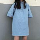 Plain Elbow-sleeve Polo Dress Blue - One Size