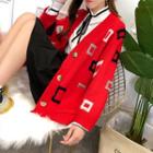Square-applique V-neck Cardigan