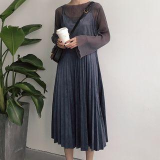 Long-sleeve Sheer Top / Strappy Midi Pleated Dress / Set