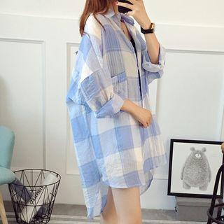 Plaid 3/4-sleeve Long Blouse