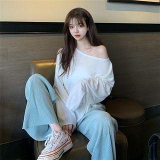 Plain Knit Top / Ribbed Wide Leg Pants